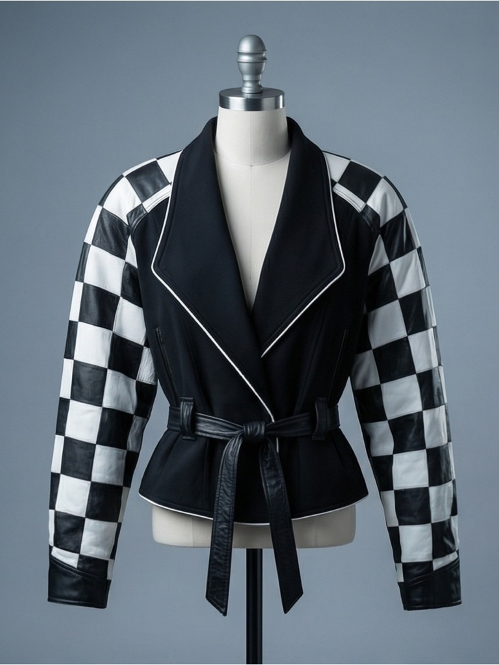 Black & White Checker Sleeve Belted Jacket - Women - Picture 1 of 4